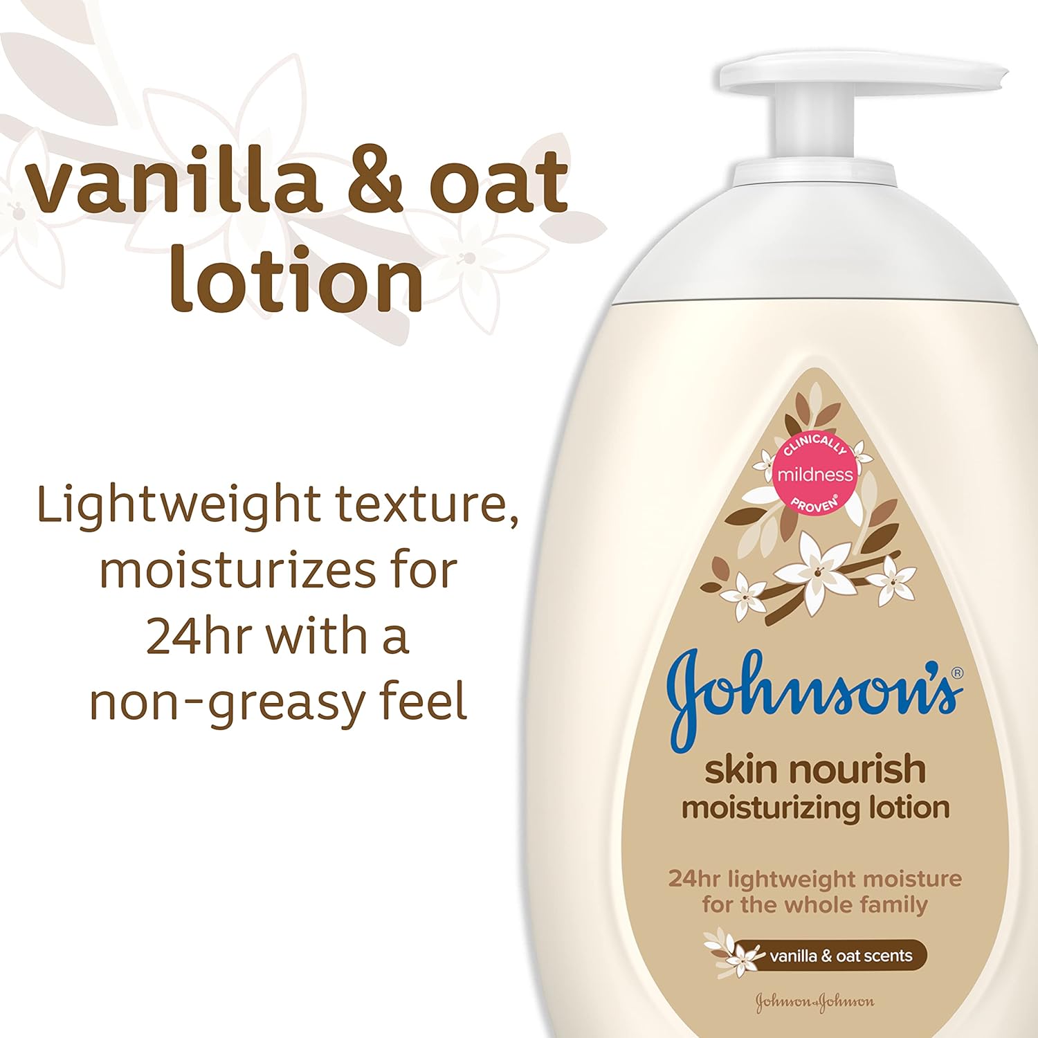 Johnson's Skin Nourish Moisturizing Baby Lotion for Dry Skin with Vanilla & Oat Scents， Gentle & Lightweight Body Lotion for The Whole Family， Hypoallergenic， Dye-Free， 16.9 fl. oz - Image 3